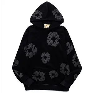 Flower denim hoodie, flower pullover, hip-hop neutral streetwear top, comfortable and casual basic long sleeved set, all black spring flower