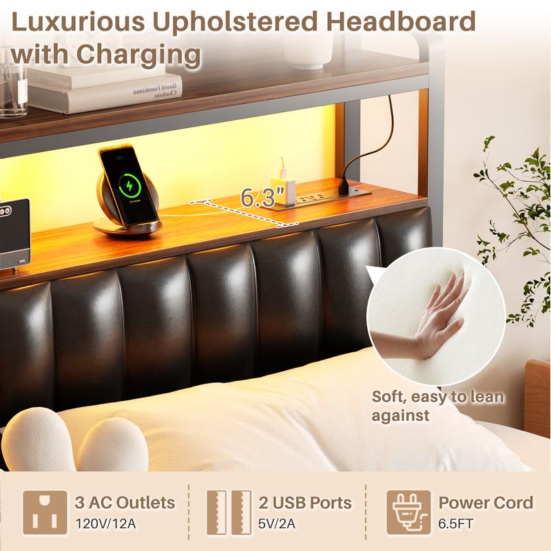 Homieasy Bed Frame with Charging Station and LED Lights, Adjustable Upholstered Headboard, Steel Slat Support, No Box Spring Needed, Rustic Brown king  bed Unique Bedroom Furniture