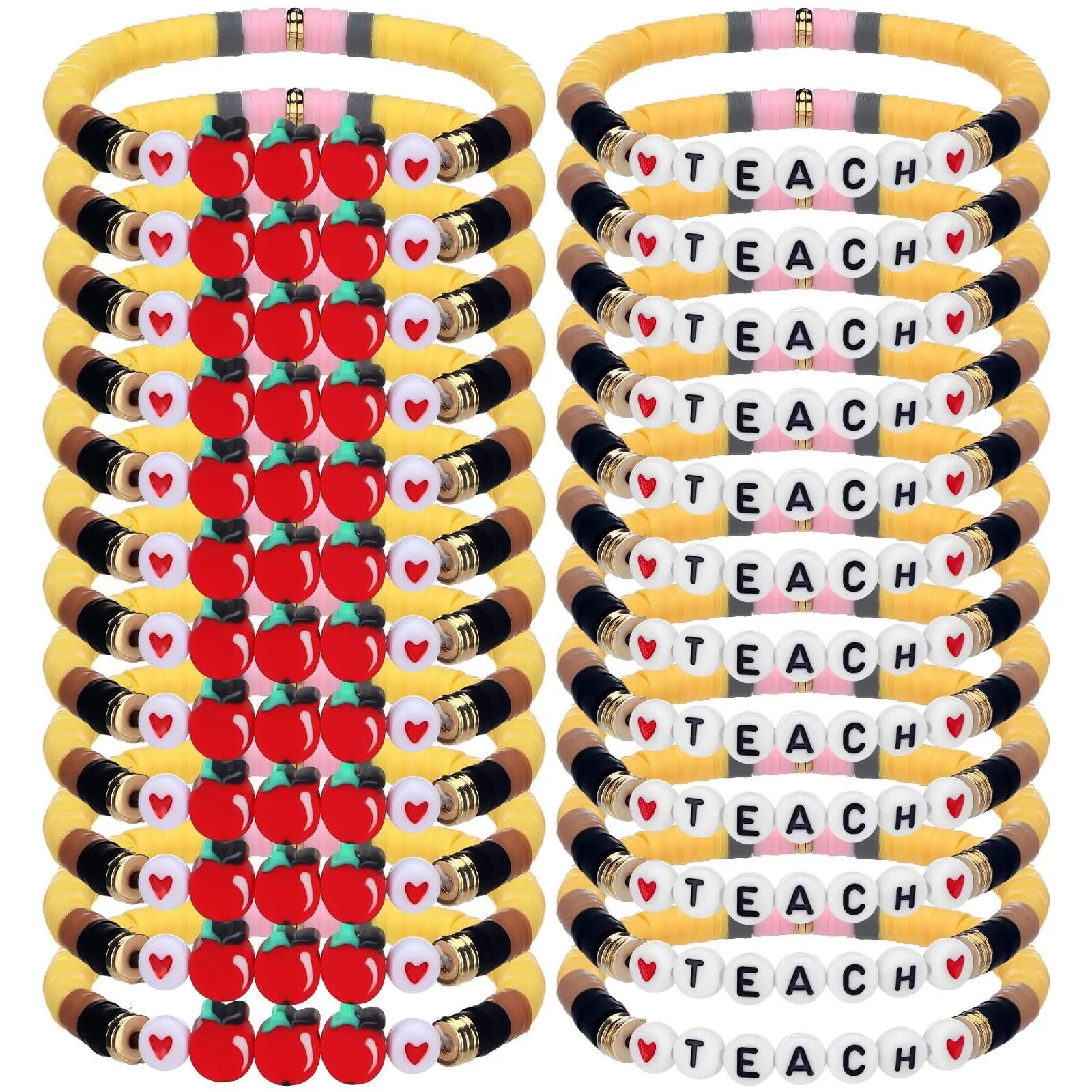 24Pack Back to School Teacher Bracelet Teacher and Staff Appreciation GiftsBulk for Women Men Teacher Polymer Clay Beaded Pencils Bracelets Apple Bracelets Teacher Jewelry Thank Teachers Gifts