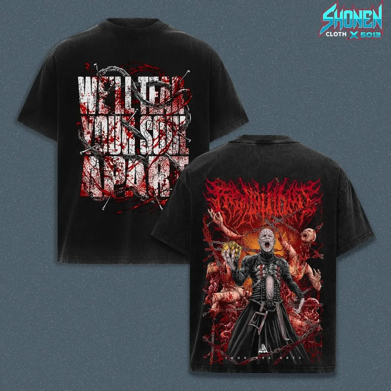 Hellraiser Pinhead We'll Tear Your Soul Apart Ashes Wash Heavyweight Blank, Horror Movie Cenobite Graphic Boxy Fit Top, Smoked Charcoal Streetwear Aesthetic, Gothic Merch TG4