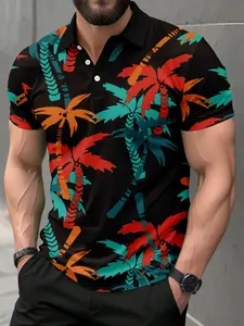 Men's Colorful Palm Tree Print Polo Shirt, Short Sleeve Button Front, Tropical Vacation Style, Breathable Summer Beach Top, Lightweight Resort T-Shirt