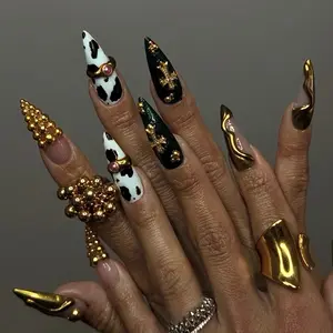SHEDARES Desert Glam – Handmade Mixed Stiletto Press-On Nails with Gold Chrome, Cow Print & Emerald Accents   – Perfect for Parties, Birthday & Date Nights