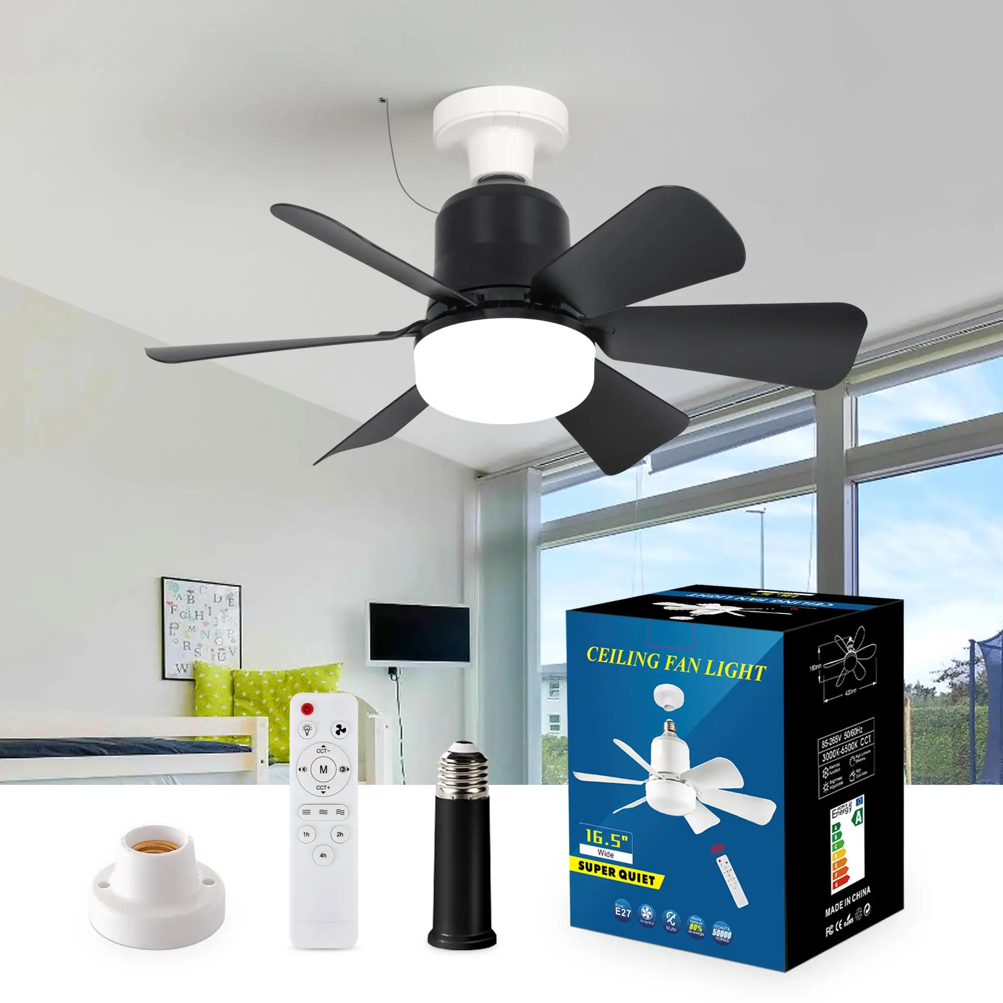 E27/E26 Socket Ceiling Fan with Lights, Modern Energy-saving Ceiling Fan with LED Bulb, Variable Frequency DC Motor Fan for Home Bedroom Kitchen Garag