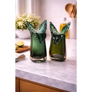 Green Glass Vase Set - Hand-Blown with Deep Greens & Rich Browns for Contemporary & Nature-Inspired Spaces