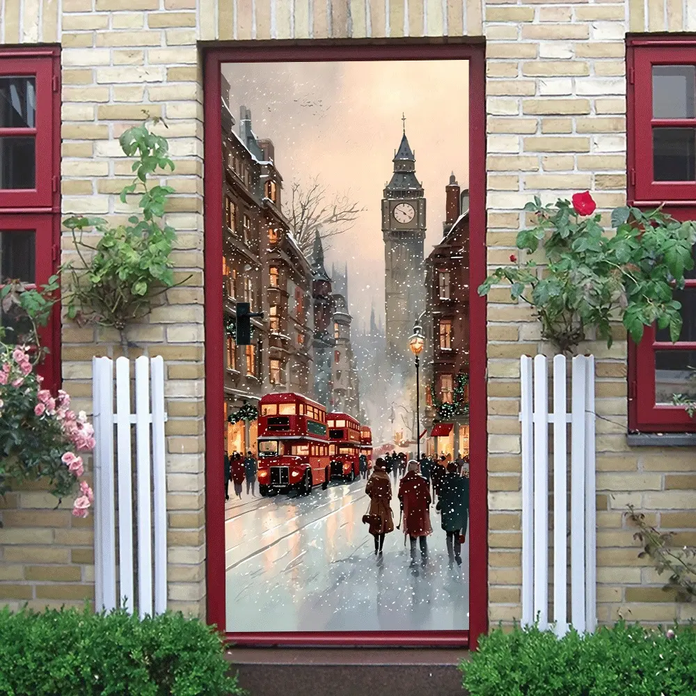 2pcs Winter London Street View Wall Stickers Christmas New Year Decoration Red Bus Snow Scene Pattern Self Adhesive Removable Living Room Bedroom Window Holiday Decor Home Decorative Stickers