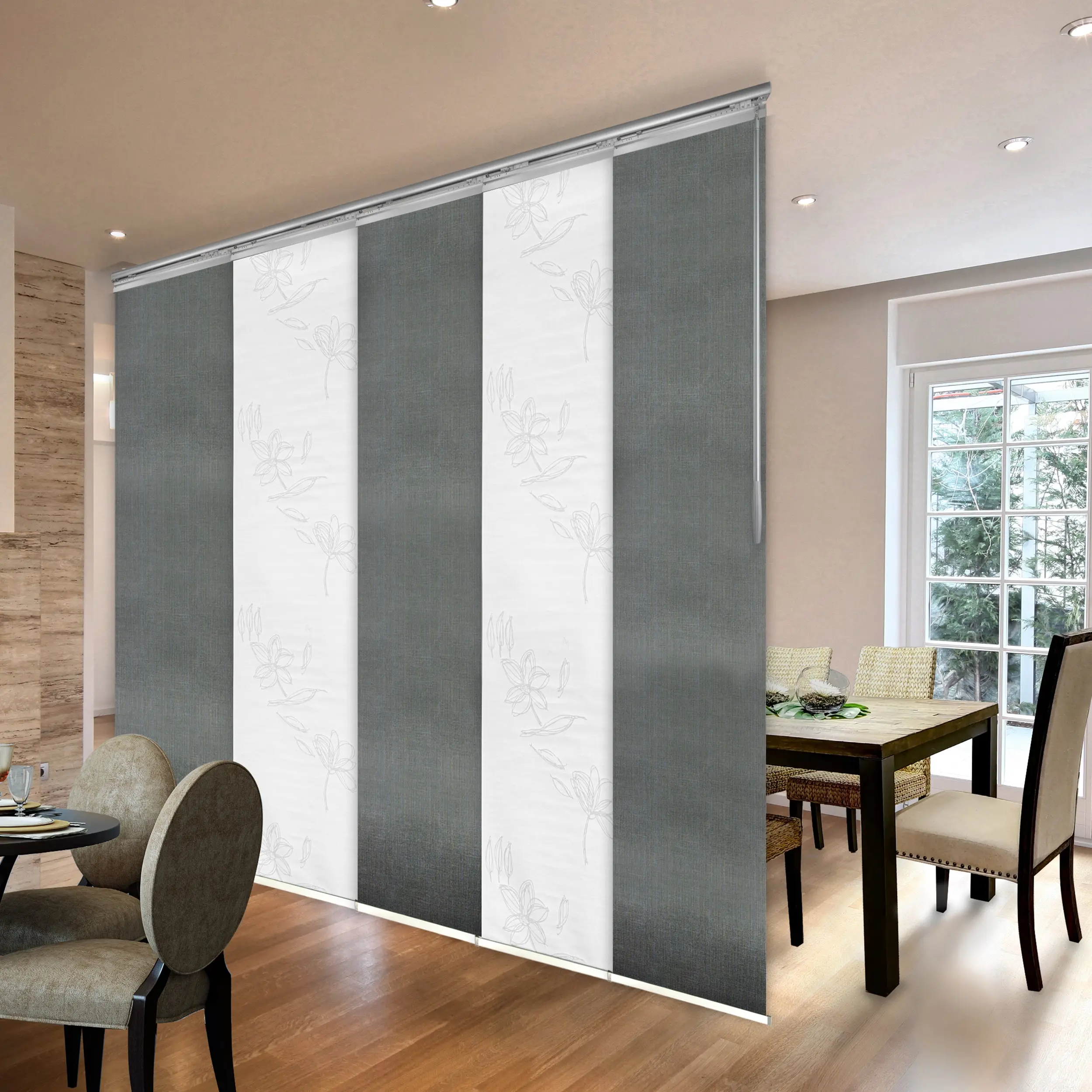 5-Panel Single Rail Panel Track Blind Extendable 58"-110"W x 91.4"H, Panel width 23.5", Lotus, Dove