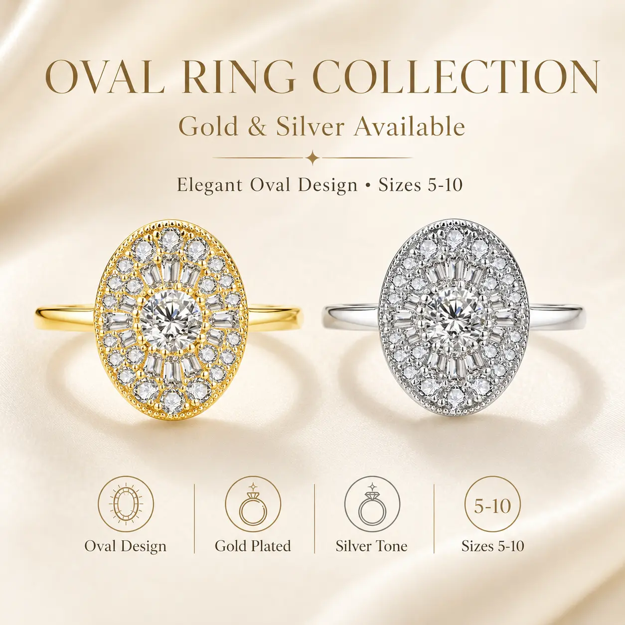 Oval Cut Ring for Women, Gold Plated Elegant Matching Ring, Luxury Minimalist Statement Jewelry, Two Color Options, Sizes 5-10, Engagement Anniversary Gift, Sparkling Cubic Zirconia