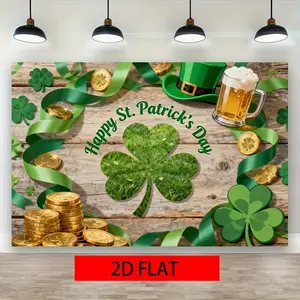 St. Patrick's Day 2D Flat Polyester Backdrop - 1PC Retro Wooden Texture Background with Clover, Gold Coins, Beer Mug, Green Hat, Irish Festival Party Decoration for Banners, Birthday Photo Props