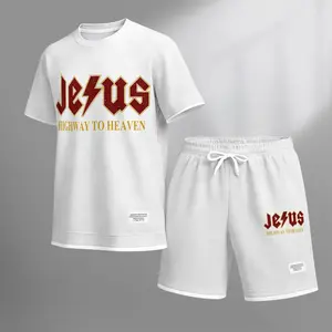 Men's Jesus Graphic Print Short Sleeve Shirt and Drawstring Shorts Set, Casual Summer Two-Piece Outfit, Lightweight Breathable Relaxed Fit Athletic Set for Daily Wear, Gym, Beach, Travel & Loungewear