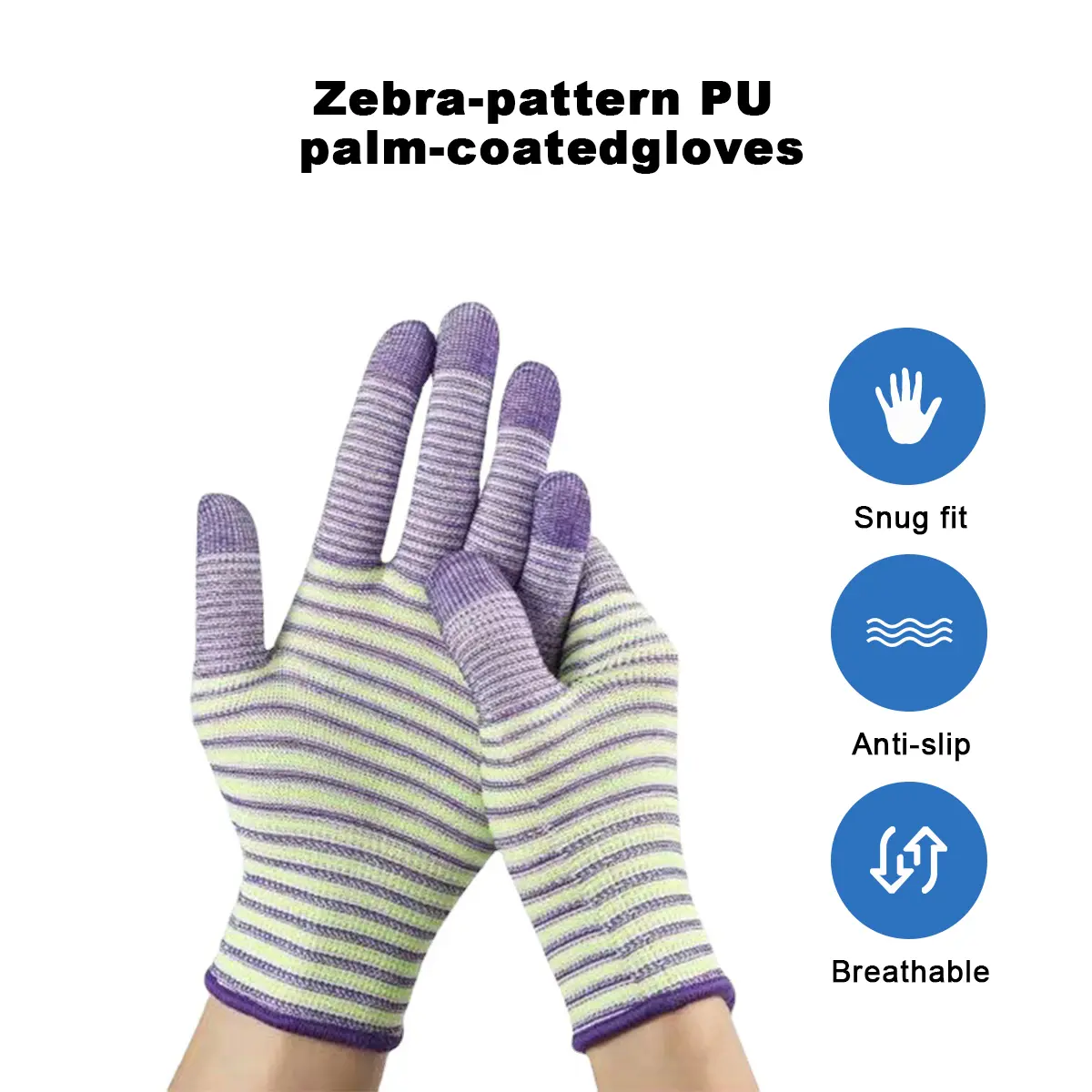 Women's Striped Purple Palm-Coated PU Work Gloves, 1 Pair, Anti-Slip Grip, Stretchy Safety Gloves for Gardening, Household Tasks, All-Season Protective Gear, All Seasons