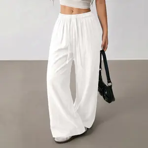 Women’s summer breathable casual pants, couple design loose wide-leg trousers, versatile pairing, lightweight, versatile fashion long pants for vacations and everyday wear, 100% polyester fiber