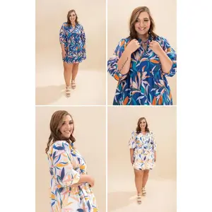 Leaf Print 3/4 Sleeve Tie Neck Short Dress | S-L