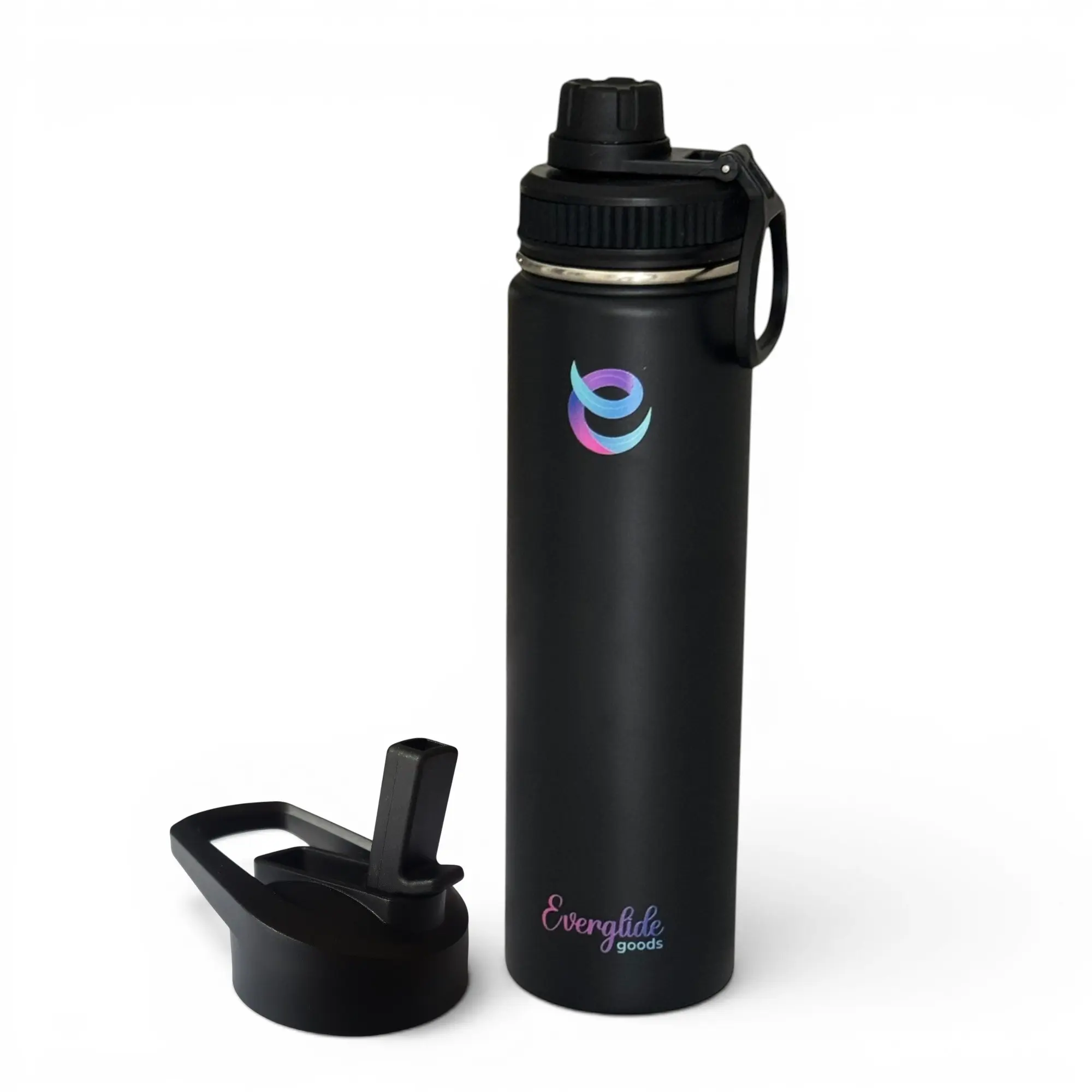 EverGlide Goods 24oz Stainless Steel Water Bottle with 2 Lids (Straw + Spout) Vacuum Insulated Leak-Proof Wide Mouth Keeps Drinks Hot Cold for 24H Perfect for Gym Sports Travel Outdoors Eco-Friendly BPA Free Reusable