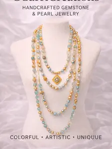 1010-Shoushan Necklace made of Shoushan stone which is native to the mountains of china, in hues of blue red and cream with Gold accents.