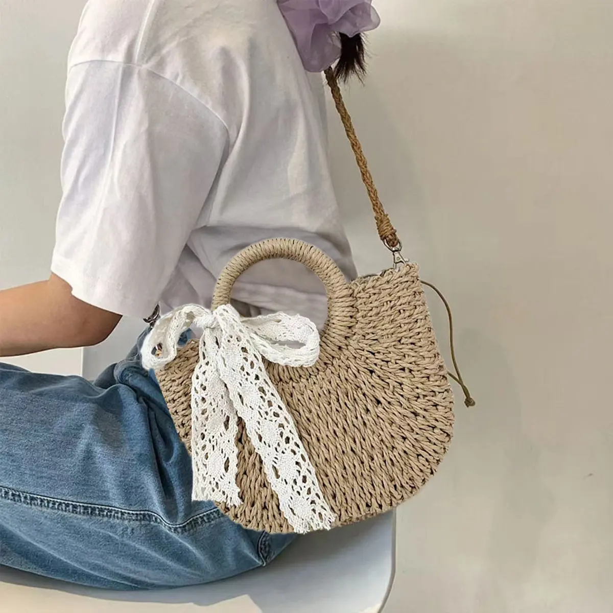 Women’s Woven Beach Straw Shoulder Bag with Adjustable PU Strap, Zipper Closure, Woven Straw Crossbody Bag for Women, Summer Beach Purse  main image 3