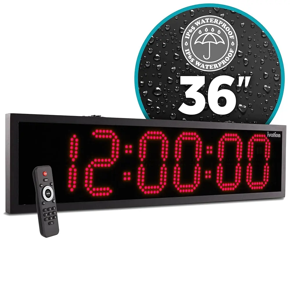 Ivation 36-Inch Outdoor Waterproof Clock - Auto Time Sync LED - Stopwatch, Timer, Alarms for Wall or Chain Mount