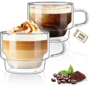 12 oz Latte Macchiato Glasses, Double-Walled Coffee Glasses, Set of 2, Glass Stackable Coffee Cups,  Glasses with Handle for Cappuccino, , Milk, Gifts for Women Friends