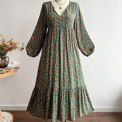 Plus Size Women's Floral Dress, Fall Winter V Neck Tie Back Lace Trim Long Sleeve Maxi Dress Fit, Casual Elegant Fashion