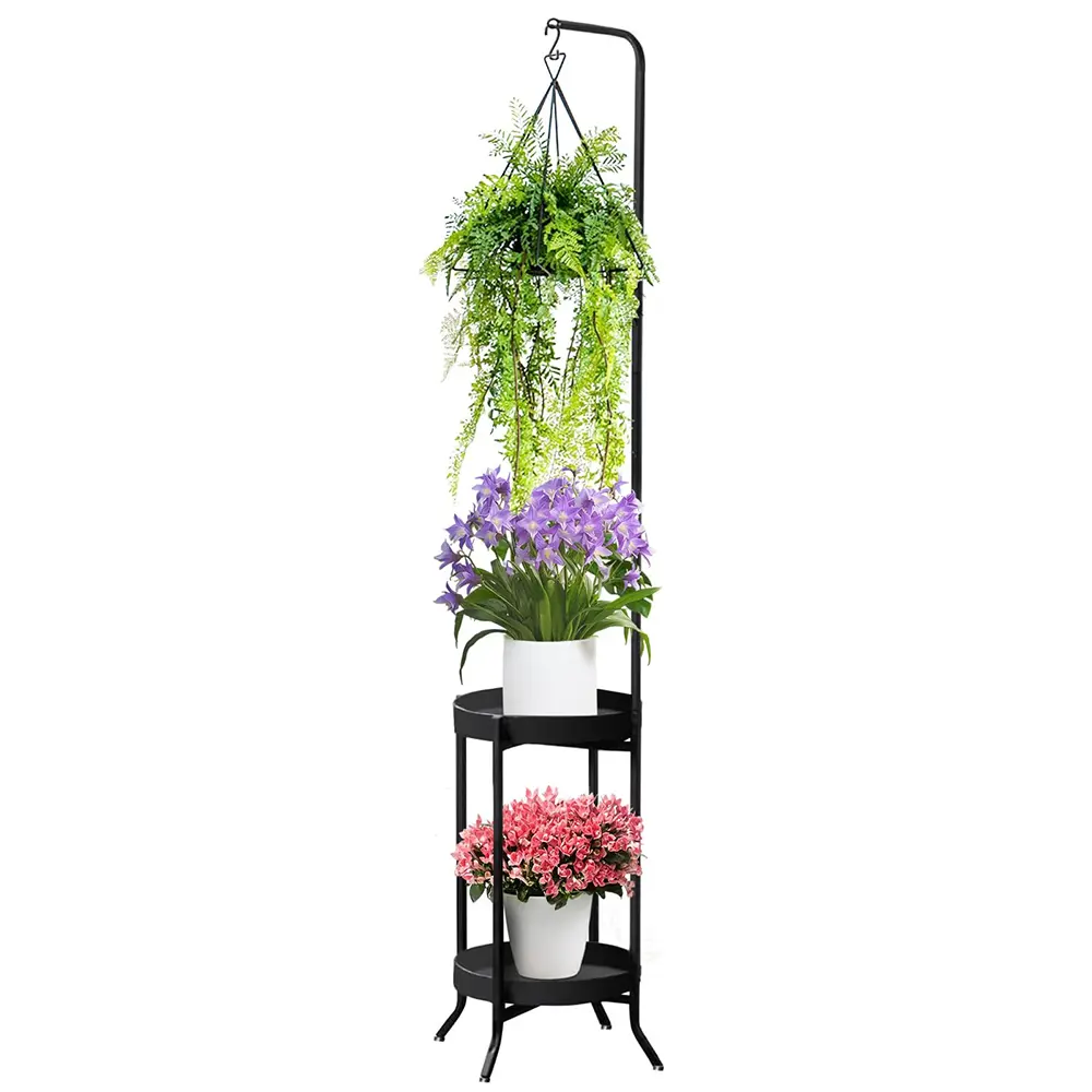 2-Tier Tall Metal Plant Holder - Single Unit Round Shape Hanging Plant Holder, Space Saving Furniture for Indoor Outdoor Flower Pot Storage Rack