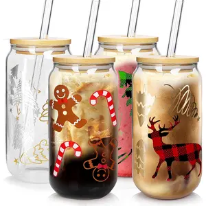Christmas Cups, 18oz Christmas Iced Coffee Glass Cups with Lids and Straws White Elephant Gifts for Adults Colorful Xmas Tree Elk Tumbler Drinking Glasses Christmas Teacher Gifts for Women Men