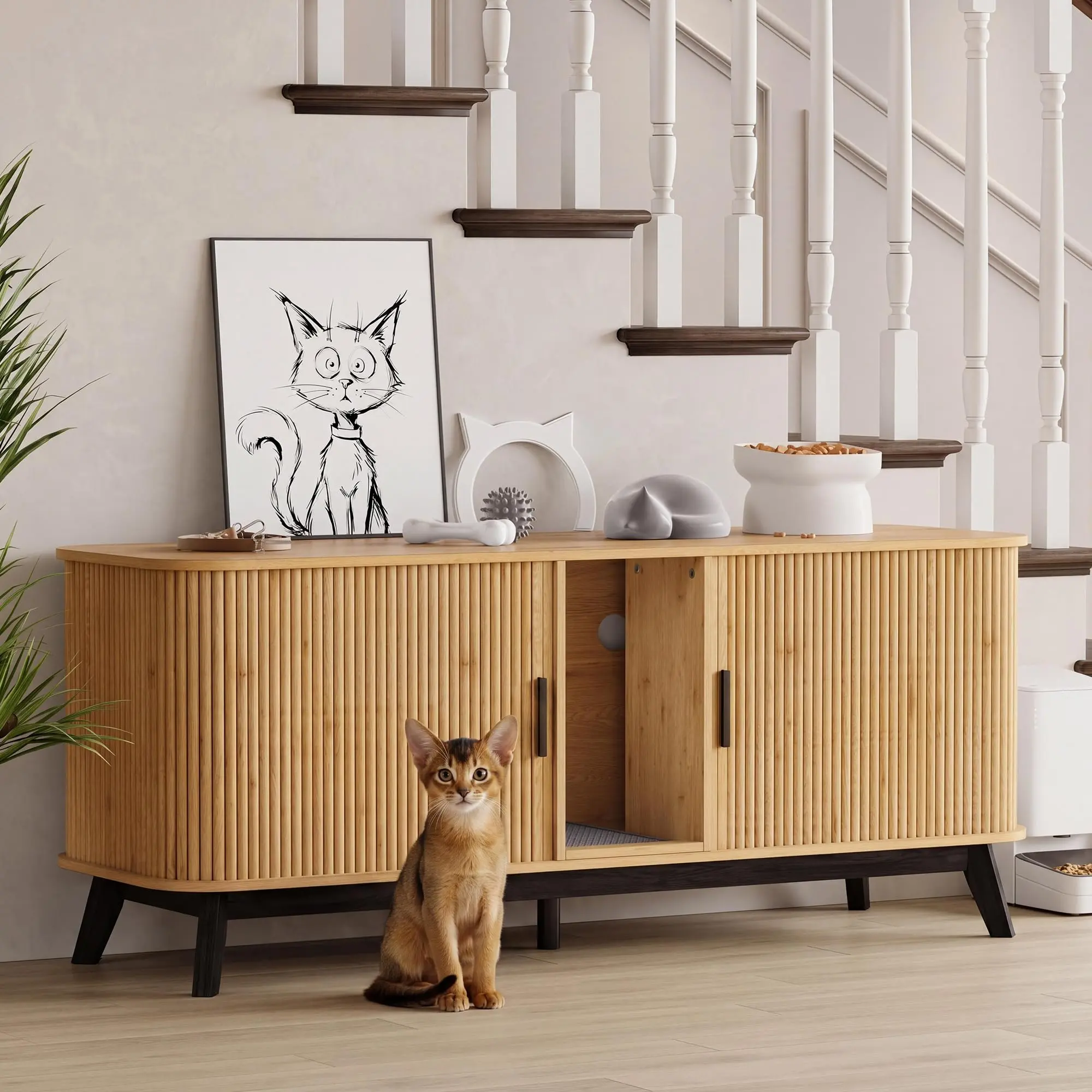 Garvee Upgraded Cat Litter Box Enclosure for 2 Cats, 59" Hidden Litter Boxes Furniture with Sliding Door and Cat Litter Mat, Large Indoor Pet House, Wooden TV Stand Side Table, Natural Wood Color