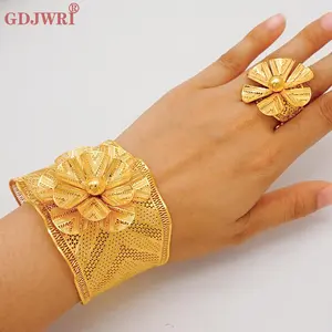 Dubai Gold Color Luxury Flower Bangle With Ring For Women African Cuff Bracelet Nigerian Wedding Indian Moroccan Jewellery