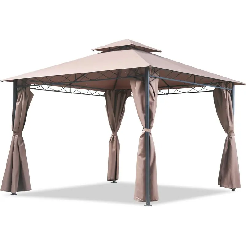 FDW 10'x13' Outdoor Patio Gazebo Heavy Duty Steel Frame Canopy with Double Roof, Privacy Curtains, for Garden, Backyard, and Lawn (Brown)