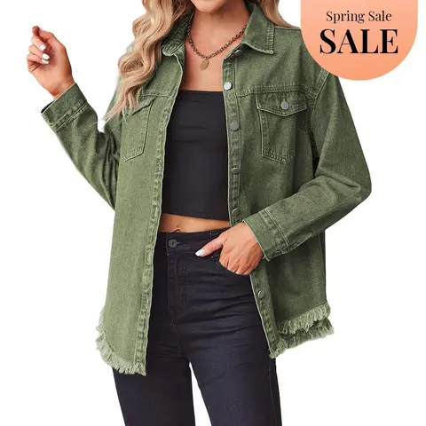 Zeagoo Women's Ripped Fringe Denim Jean Jacket, Casual Long-Sleeve Oversize Coat with Pockets, Soft Fabric Fashion Womenswear for Back-to-School, Army Green