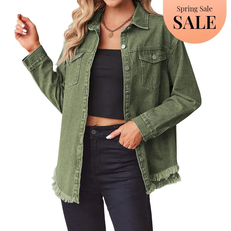 Zeagoo Women's Ripped Fringe Denim Jean Jacket, Casual Long-Sleeve Oversize Coat with Pockets, Soft Fabric Fashion Womenswear for Back-to-School, Army Green