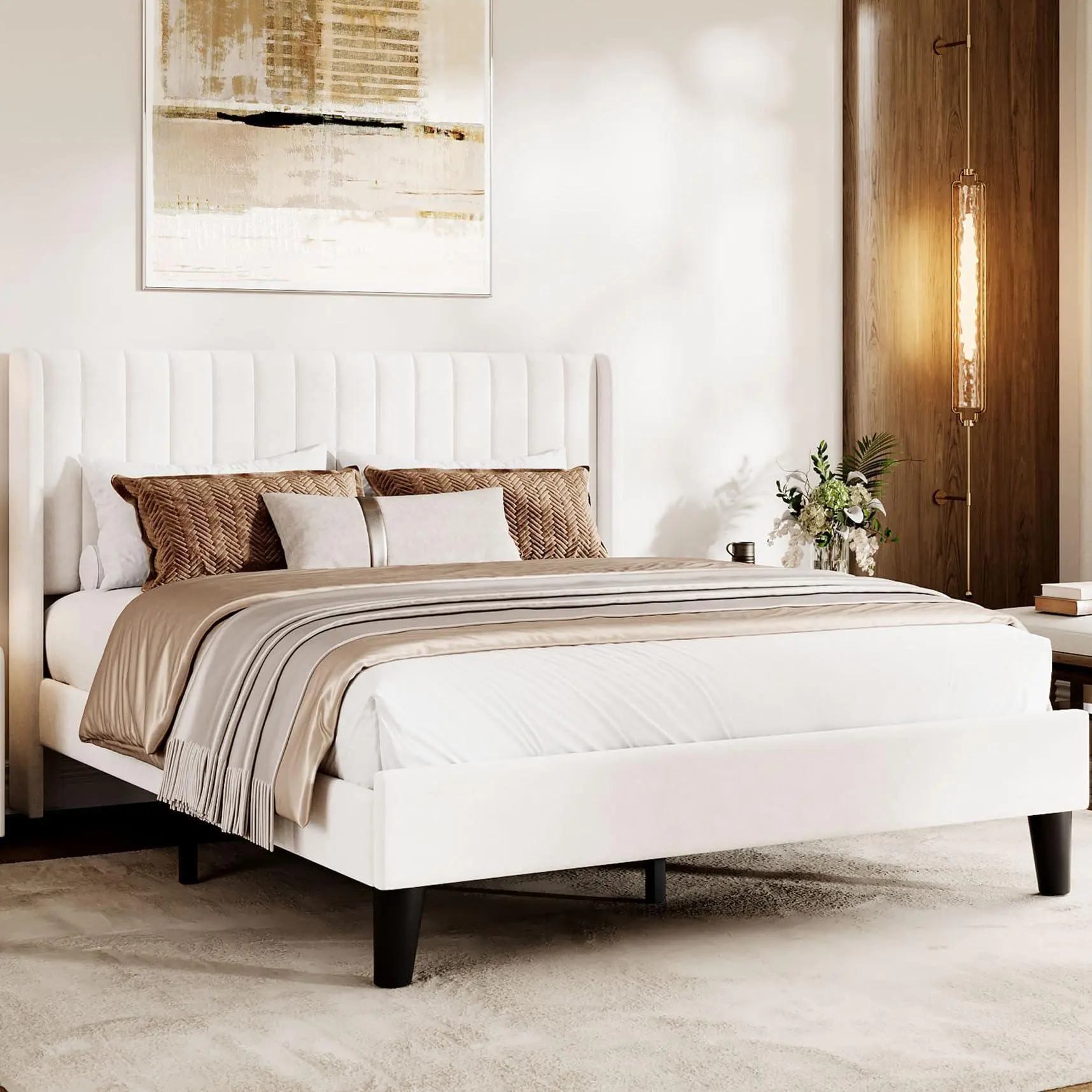 Garvee Classic Velvet Upholstered Vertical Stripe Wood Bed Frame - Full Size, Wingback Headboard, 1000lbs Slatted Support, 8-11.9in Height, Assembly Required, No Box Spring Needed, Beige/Black Options (Queen Size Available), Storage Bed, 8–12" Mattress Fi