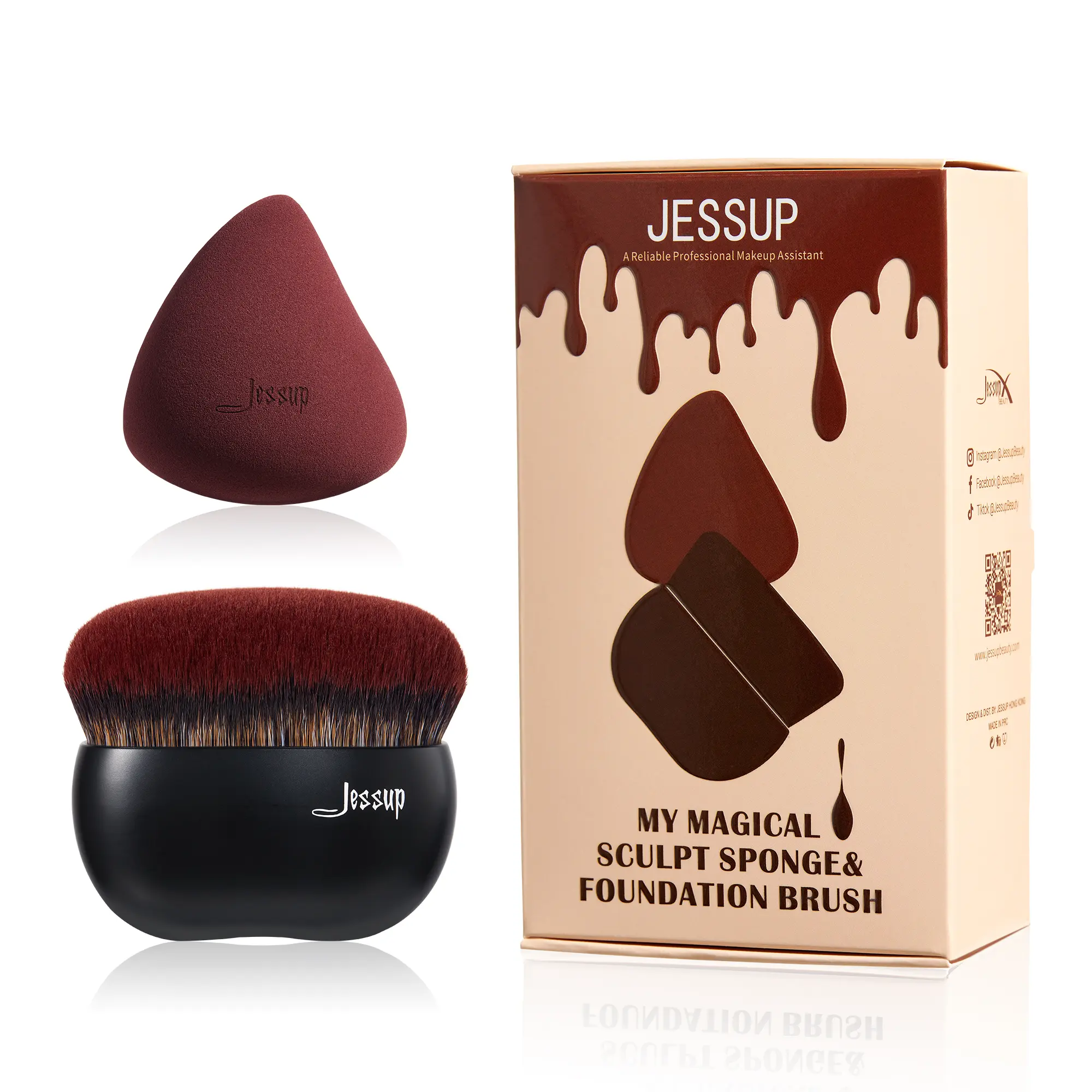 Jessup Flat Top Foundation Brush for Liquid & Cream Flawless Application T881 Makeup Brush Sponge Set, Portable Travel Cosmetics Tools