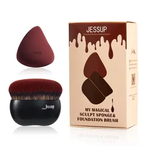 Jessup Flat Top Foundation Brush for Liquid & Cream Flawless Application T881 Makeup Brush Sponge Set, Portable Travel Cosmetics Tools