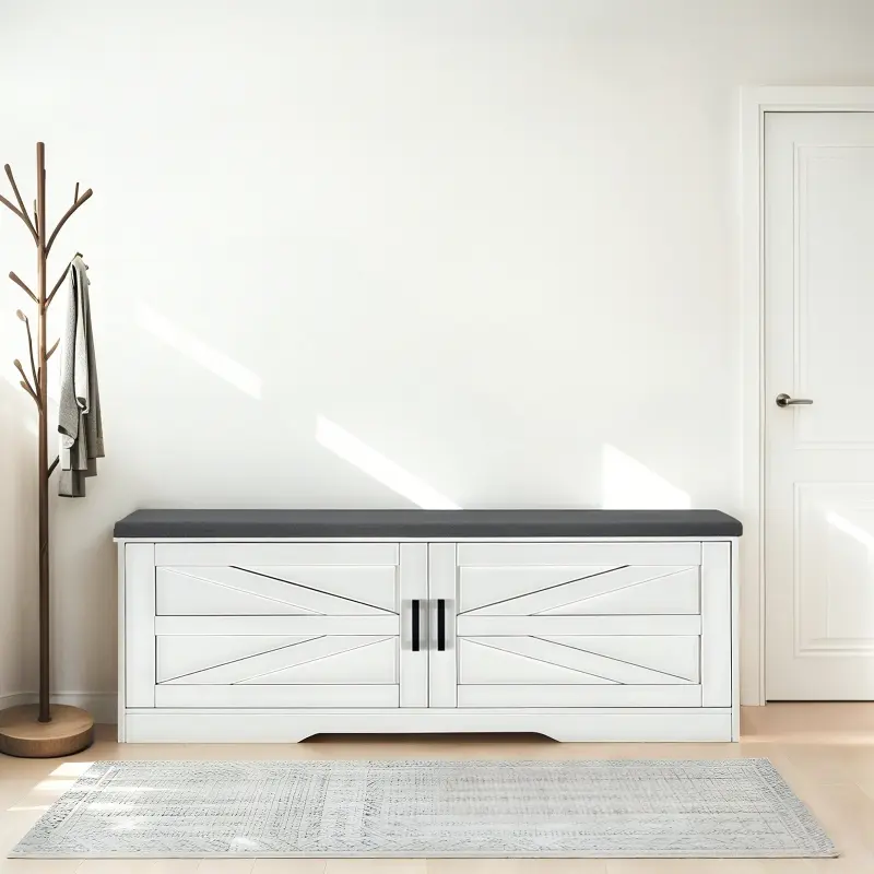 Modern Storage Benches with Soft Cushions, 2-Layer Shoe Stools, 2 Barn Doors and 2 Adjustable Shelves, Entrance Stools for Foyer, Living Room and Bedroom (White), Farmhouse Style, Soft Cushioned Stool