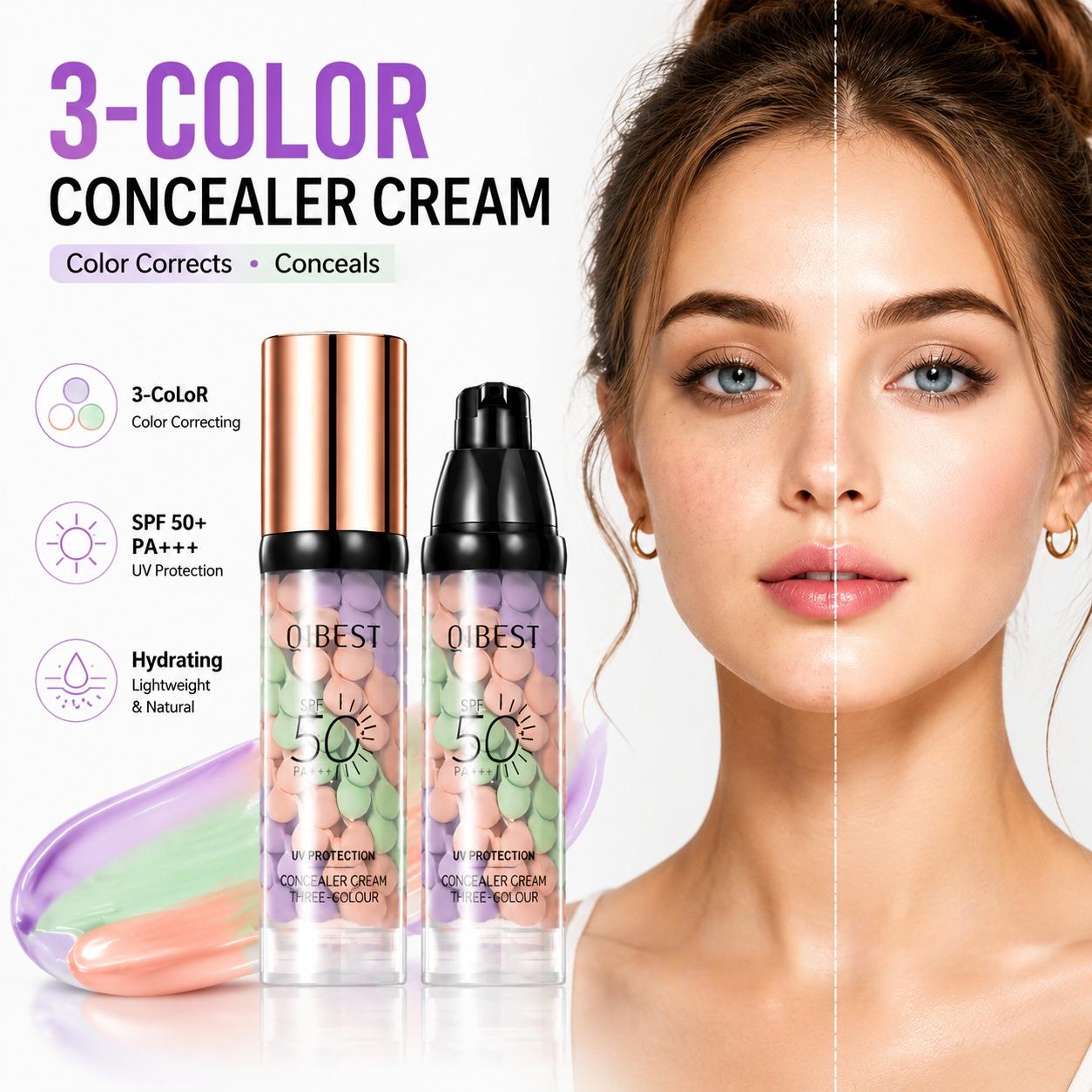 SPF 50+ PA+++ 3-in-1 Sunscreen Isolation Cream, Color Corrector Face Primer, Pre-Makeup Base for Oil Control, Moisturizing & Pore-Blurring, Luminous Even Skin Tone