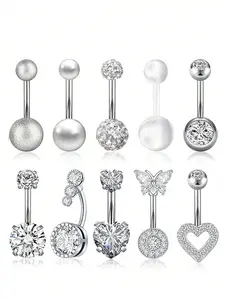 10-Piece Stainless Steel Belly Ring Set, Heart & Butterfly Design, Unisex 14g Body Jewelry, Elegant All-Season Body Piercing Jewelry Accessory