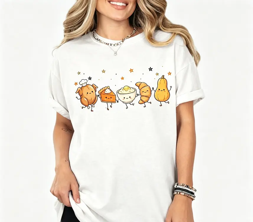 Happy Thanksgiving Doodles Shirt, Thankful Shirts, Turkey Pie Cute Food Characters TShirt, Friendsgiving Fall Festival Sublimation Gift
