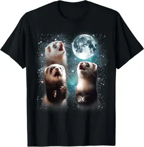 100% Cotton 3 Ferret Moon Howling Ferret Head Funny For Men, Women, T-Shirt