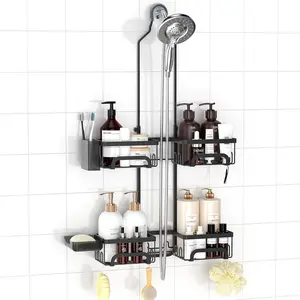 REINHARDT Shower Caddy Hanging for Handheld Showerheads Adjustable Split Shower Caddy, Rustproof Shower Organizer with Hooks for Razors Over the Head Caddy with Soap Holder Bathroom Accessories, Black