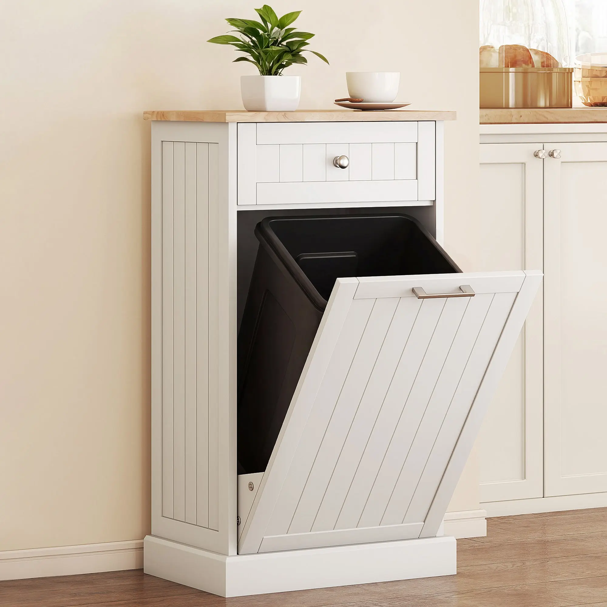 10 Gallon Tilt Out Trash Cabinet, Wooden Hidden Trash Can with Storage Drawer for Kitchen, Laundry Hamper Cabinet for Bathroom, White