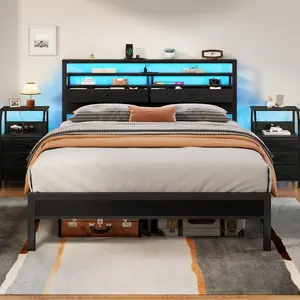 Queen Bed Frame with Headboard & 2 Fabric Drawers, Bed Frame Queen Size Featuring LED Lights, Built-in Charging Station & Storage Shelves, Metal Slats, No Box Spring Needed – Black Oak