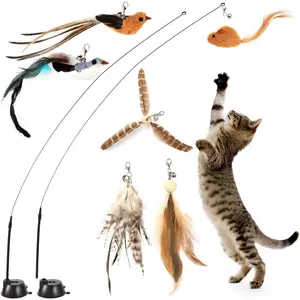 Assortment of Cat Feather Toy,Cat Wand Toy Pack,Interactive Bird Simulation Cat Toy Set with Sticky Super Suction Cup,Include Detachable Replacements Feathers Toys (Small, 6PC Set)