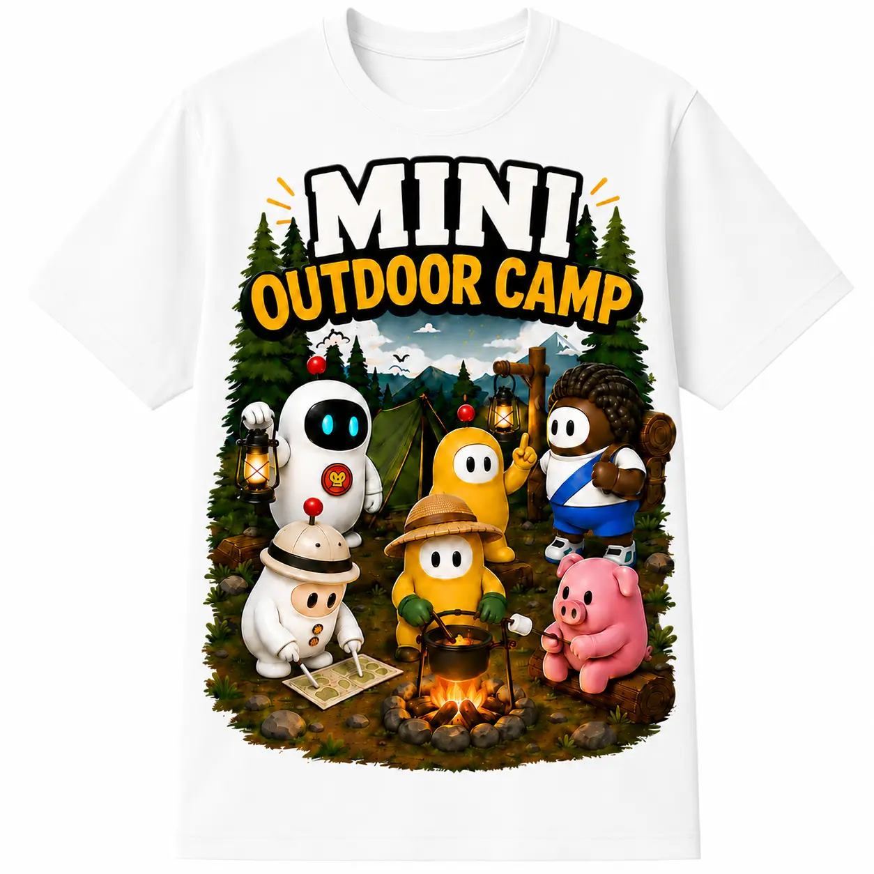 MiniGame Official Outdoor Camp Graphic Tee, Cute Character Adventure Shirt With Camping Theme Design, Cartoon Streetwear T Shirt For Men Women, Nature Lover Gift, Casual Short Sleeve Top, Vintage Outdoor Style Cotton Crew Neck Shirt