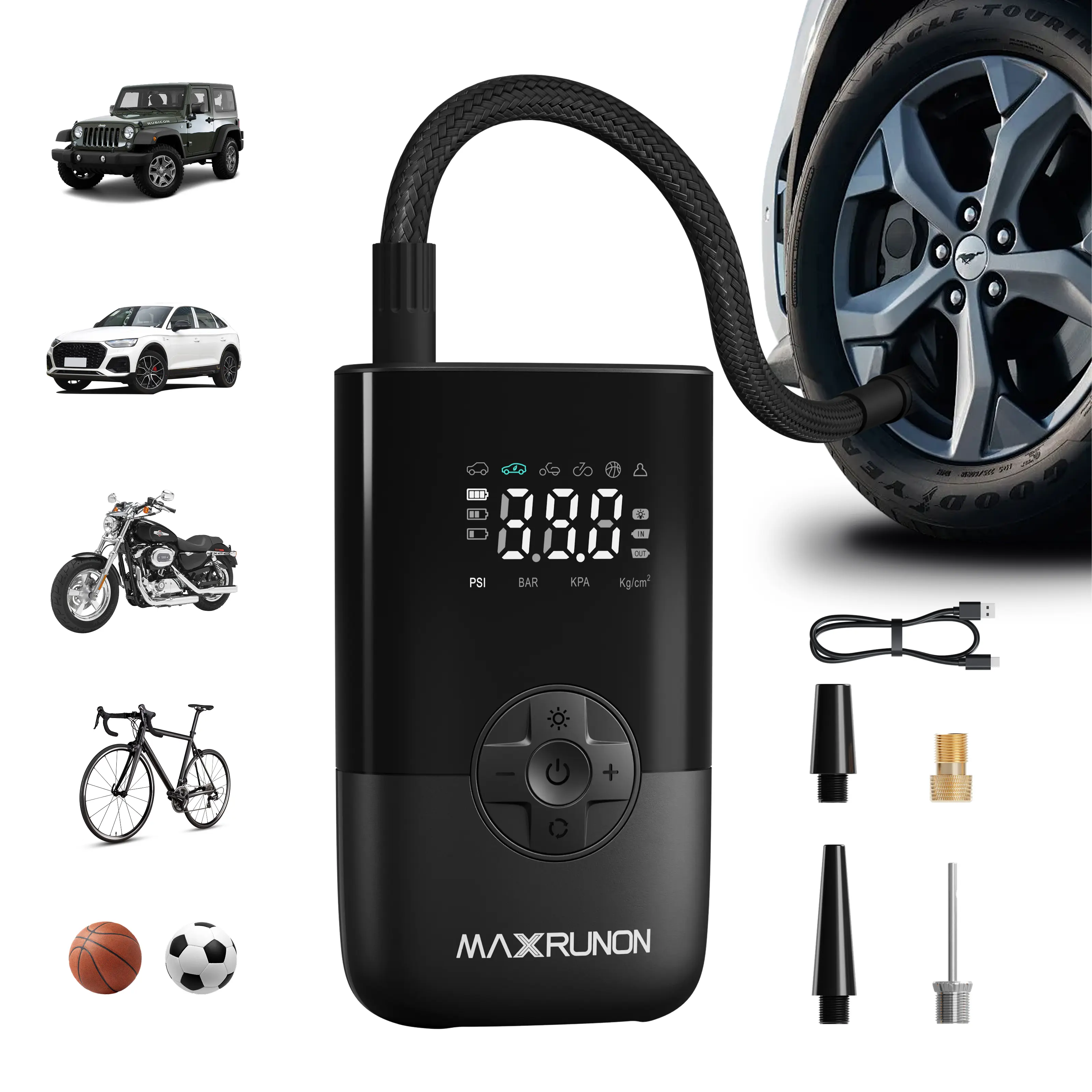 MAXRUNON M20 Cordless Tire Inflator, 150PSI Portable Rechargeable Air Pump with Auto-Stop Function, LED Emergency Light for Car, Motorcycle campingessentials