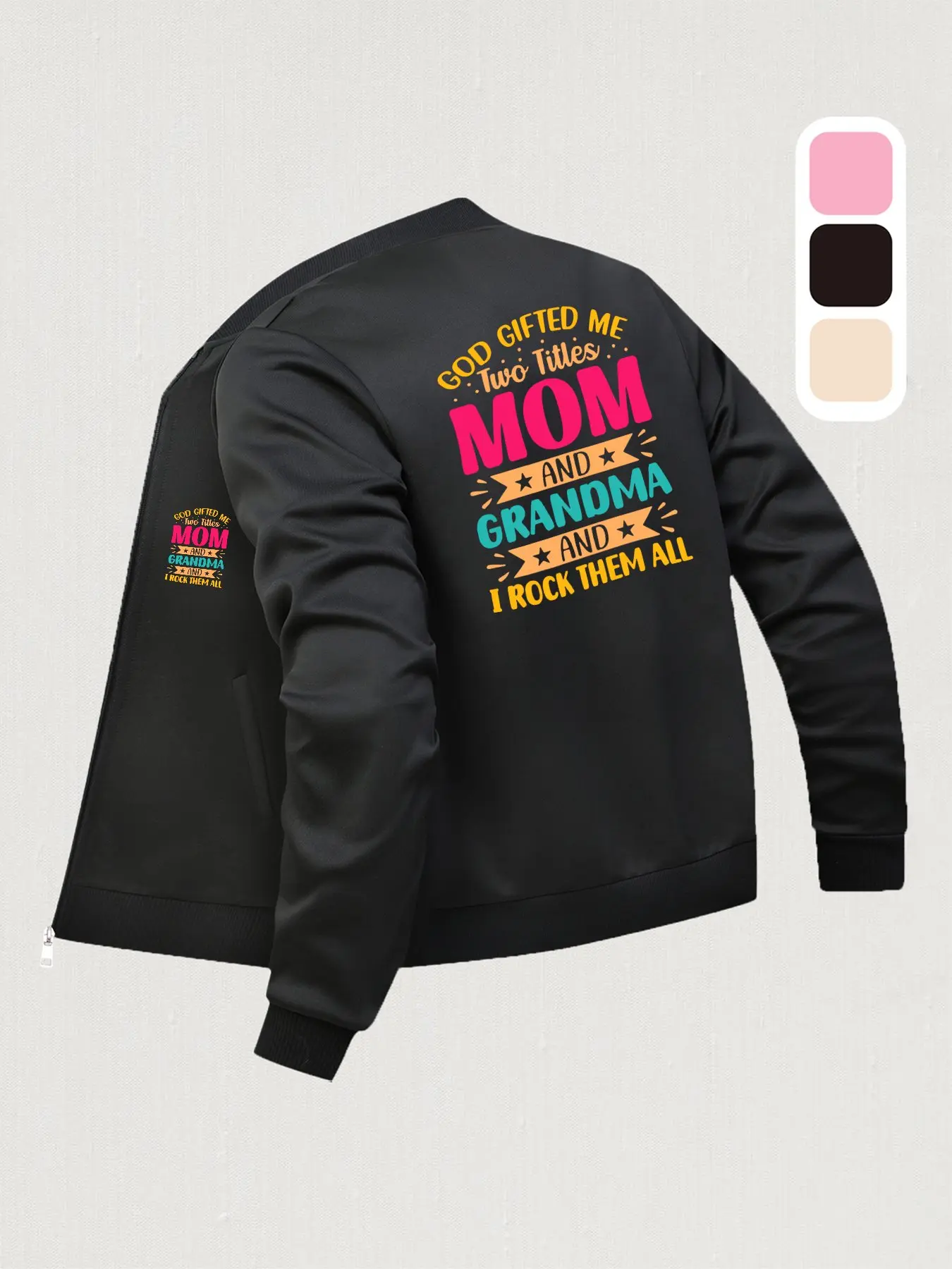 Mom & Grandma Dual Identity Printed Baseball Jacket - Perfect for Autumn & Winter, Casual Daily Wear, Fashionable Design