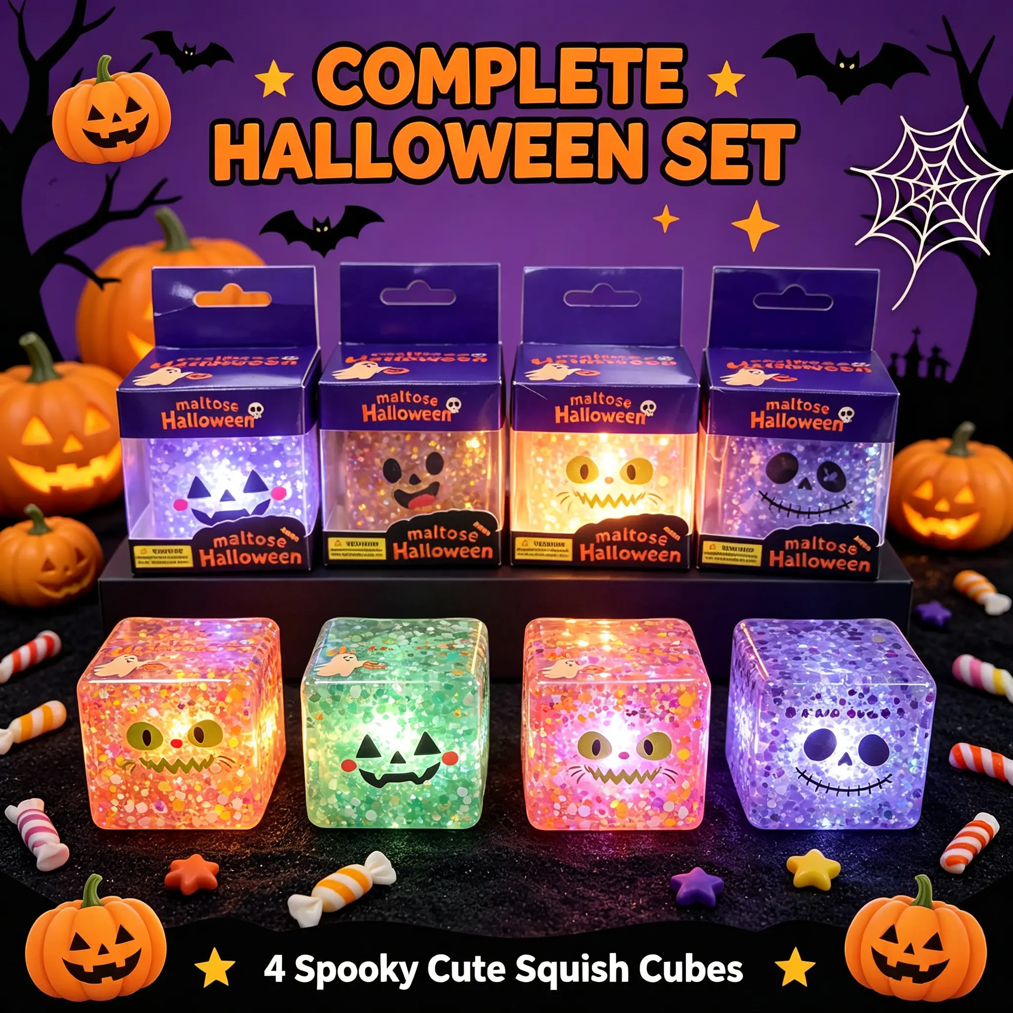 Halloween Maltose Stress Relief Squishies - Sensory Squeeze Slow Rebound Blocks, Halloween Gift Bag Filler Soft Cubes, Halloween Squishies
