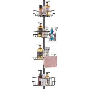 summervibes Height Adjustable Shower Corner Caddy Tension Pole, 42-114 in High, Multi-Functional Shower Storage with Strong Load-Bearing Tray, Rust-Proof Easy-Install Tension Pole for Bathroom