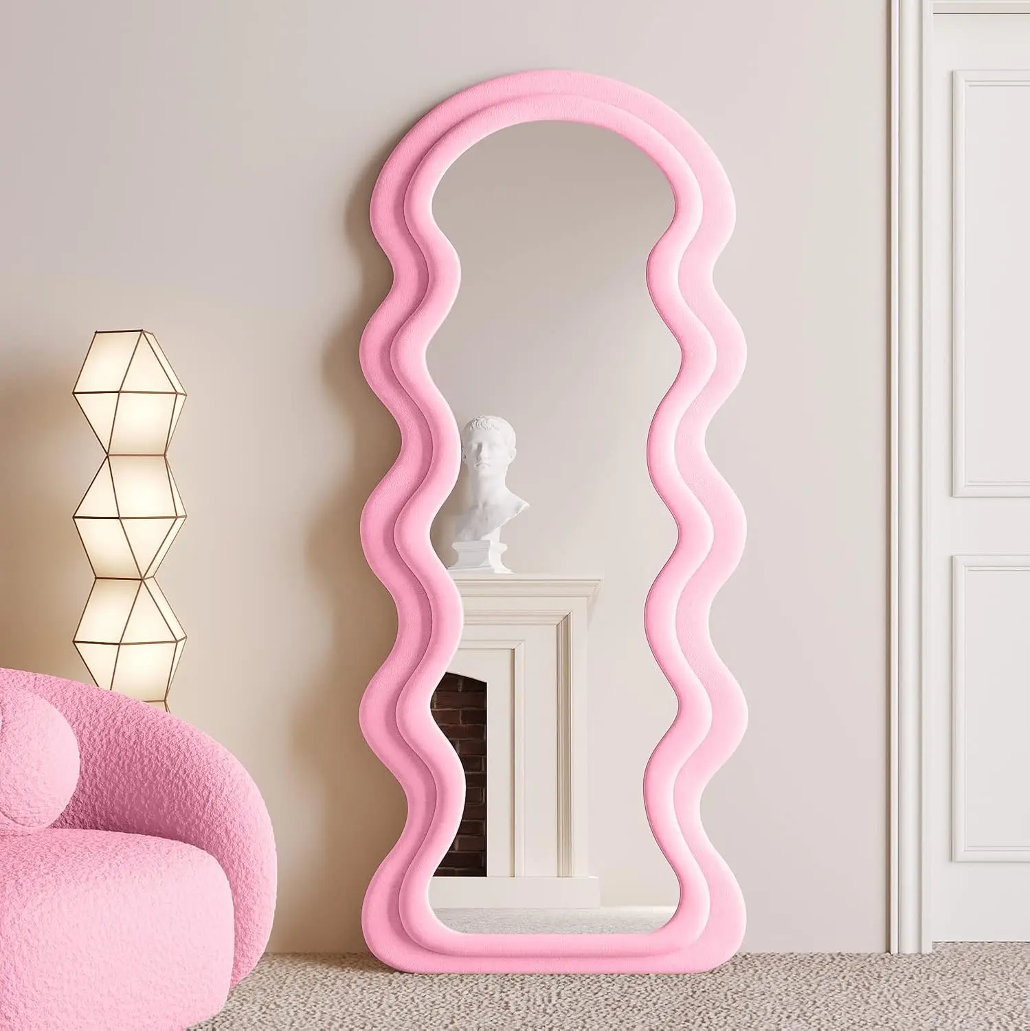 OMNIRA Full Length Mirror 63"x24", Irregular Wavy Arched Floor Mirror, Flannel Wrapped Wooden Frame Floor Mirror for Bedroom, Standing Hanging or Leaning Wall Mirror - Pink