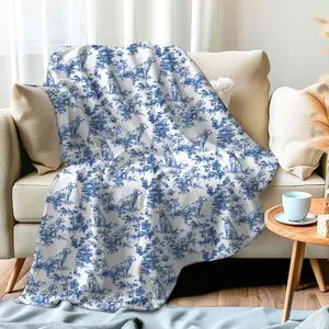 Golden Retriever Blue French Toile Blanket - Velveteen Toile de Jouy Cozy Throw Gifts for Golden Retriever Lover, French Country Dog Blanket