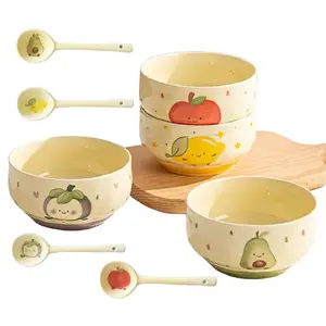 Fruit Print Ceramic Bowl Set | 4 Bowls & 4 Spoons | Cute Cereal Bowls for Breakfast, Snack & Noodles