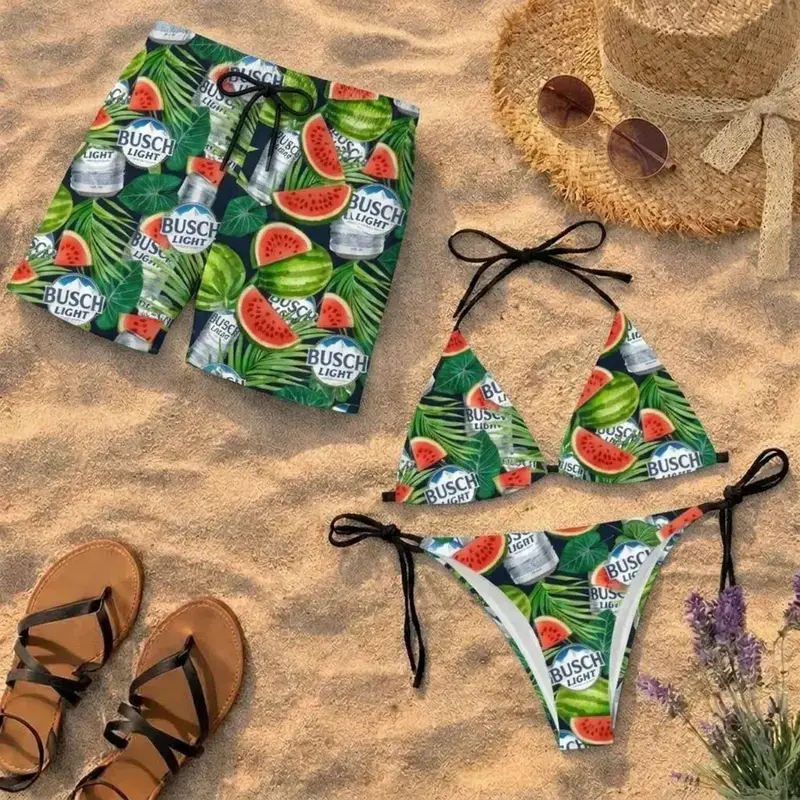 Hawaiian Shorts & Bikini Set, Buschhh Light Tropical Watermelon Bikini And Hawaiian Shorts, Full Print String Bikini & Summer Holiday Casual Hawaiian Shorts, Gift for Men Women, Perfect for Beach, Pool, Gym, Outdoor Activities Hawaiian Shorts & Bikini Set